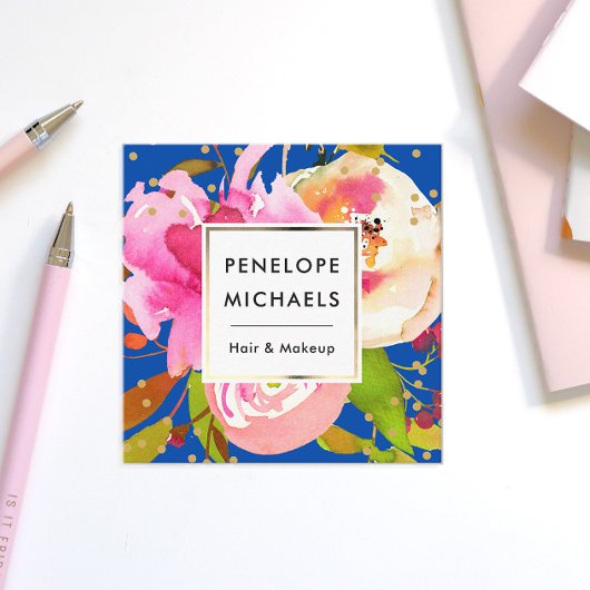 Vibrant Blue Waterverf Floral met Confetti Vierkante Visitekaartje