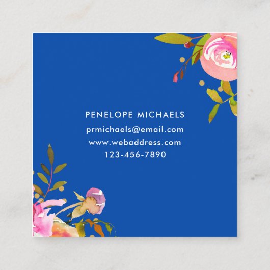 Vibrant Blue Waterverf Floral met Confetti Vierkante Visitekaartje (Achterkant)