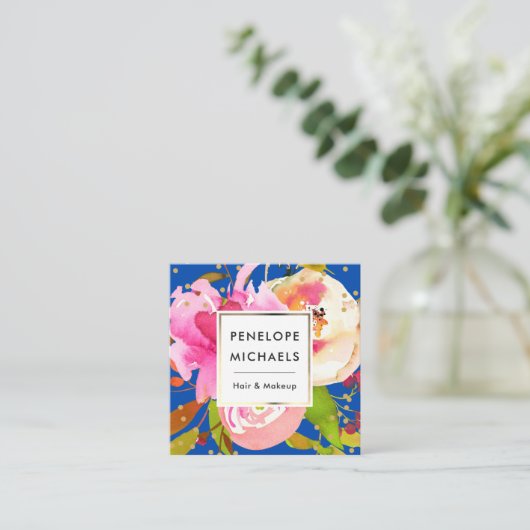 Vibrant Blue Waterverf Floral met Confetti Vierkante Visitekaartje (Staand voorkant)