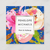 Vibrant Blue Waterverf Floral met Confetti Vierkante Visitekaartje (Voorkant)