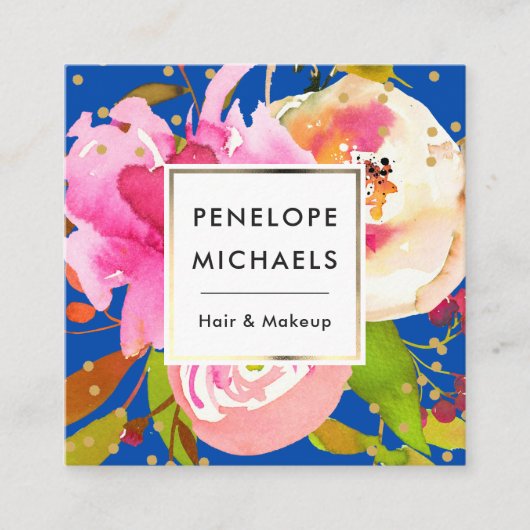 Vibrant Blue Waterverf Floral met Confetti Vierkante Visitekaartje (Voorkant)