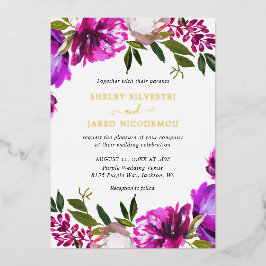 Vibrant Bold Bright Paarse Floral Weddenschap Gold Folie Uitnodiging