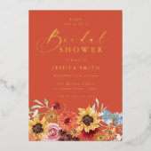 Vibrant Bold Floral Summer Bridal Shower Gold Folie Uitnodiging (Voorkant)