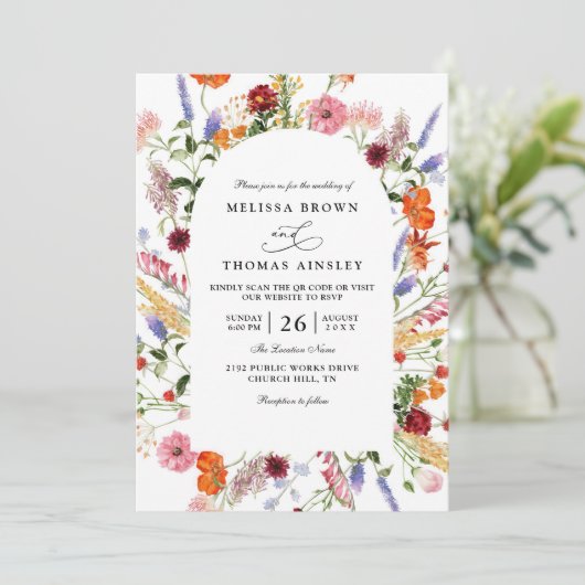 Vibrant Bold Watercolor Wildflower QR Code Wedding Kaart (Staand voorkant)