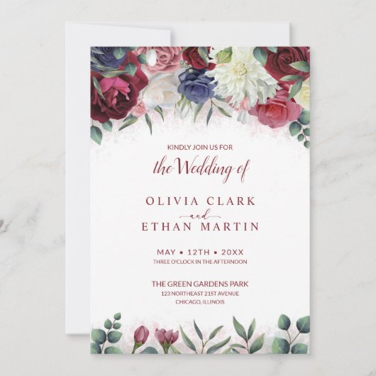 Vibrant burgundy Marsala Navy Pink Floral Wedding Kaart (Voorkant)