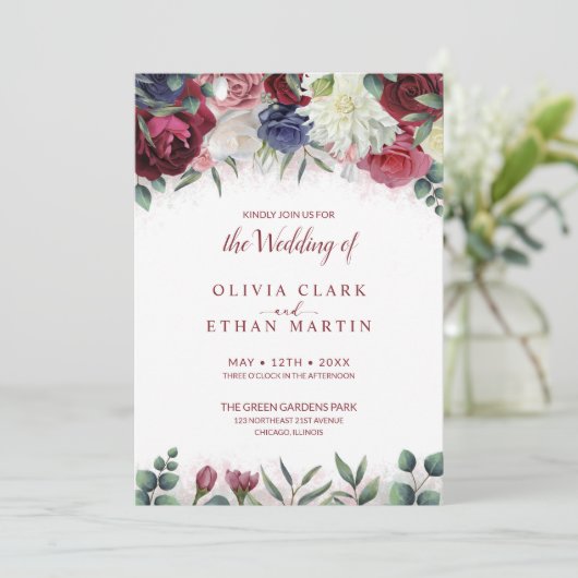 Vibrant burgundy Marsala Navy Pink Floral Wedding Kaart (Staand voorkant)