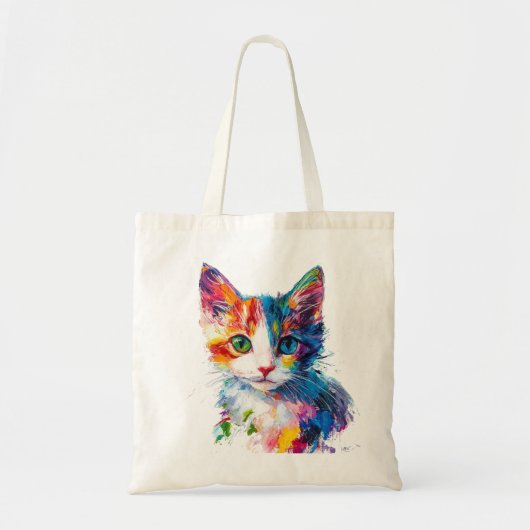 Vibrant Cat Face Canvas tas – Kleurrijke Artistic  (Voorkant)