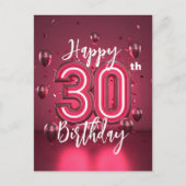 Vibrant Chic Neon Roze 30e verjaardag met ballonne Briefkaart (Voorkant)