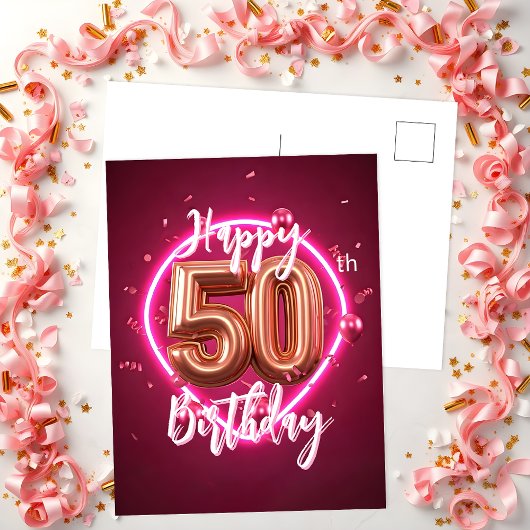 Vibrant Chic Roos Gold en Pink Neon 50e Verjaardag Briefkaart