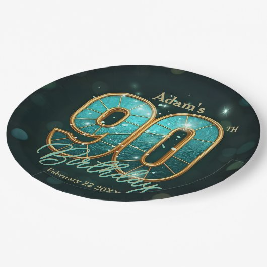 Vibrant Chic Teal Gold Metallic 90th Birthday Papieren Bordje (Gekanteld)