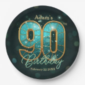 Vibrant Chic Teal Gold Metallic 90th Birthday Papieren Bordje (Voorkant)