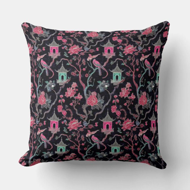 Vibrant Chinoiserie Pagoda and Birds Kussen (Voorkant)