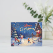 Vibrant Christmas Postcard – Snowman & Santa Briefkaart (Staand voorkant)