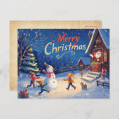 Vibrant Christmas Postcard – Snowman & Santa Briefkaart (Voorkant / Achterkant)