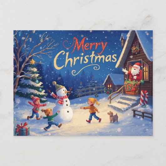 Vibrant Christmas Postcard – Snowman & Santa Briefkaart (Voorkant)