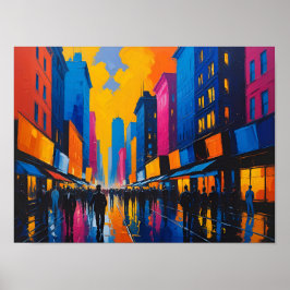 Vibrant City Street Night Painting Poster