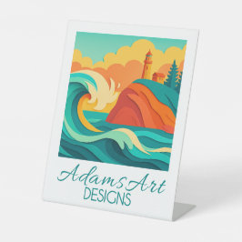 Vibrant Coastal Lighthouse Wave Papercut Art Reclamebord Met Voetstuk