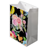Vibrant Colorful Birds and Flowers Art on Black Medium Cadeauzakje (Achterkant Gekanteld)