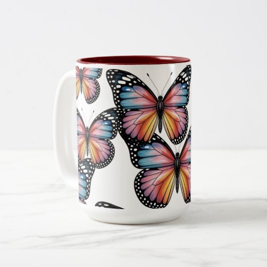 Vibrant Colorful Butterfly Illustration” Tweekleurige Koffiemok (Voorkant links)