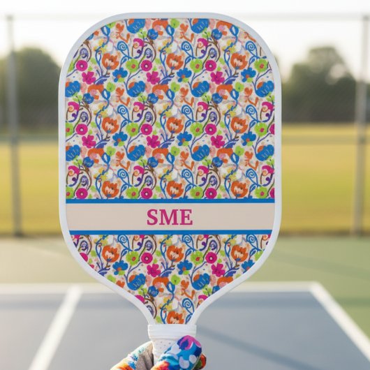 Vibrant Colorful Floral Monogram Pickleball Paddle