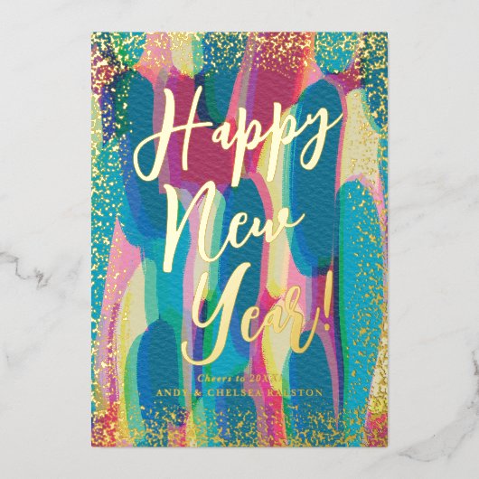 Vibrant Colorful Happy Nieuwjaarsfoto Folie Feestdagenkaart (Voorkant)