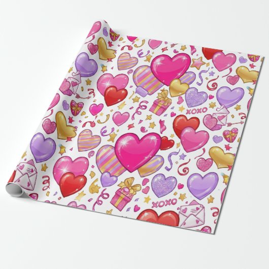 Vibrant Confetti Hearts Cadeaupapier (Uitgerold)