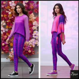 Vibrant Cyber Pink Blue Glitch Plaid Leggings