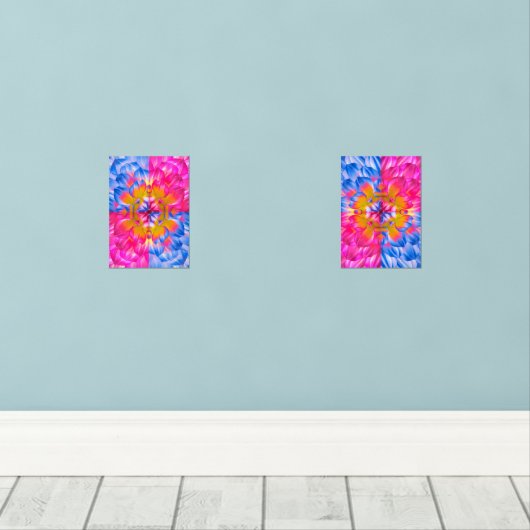 Vibrant Dahlia Bloom-Pink, Blue & Yellow Abstract Muurkunst Sets (Houten vloer)