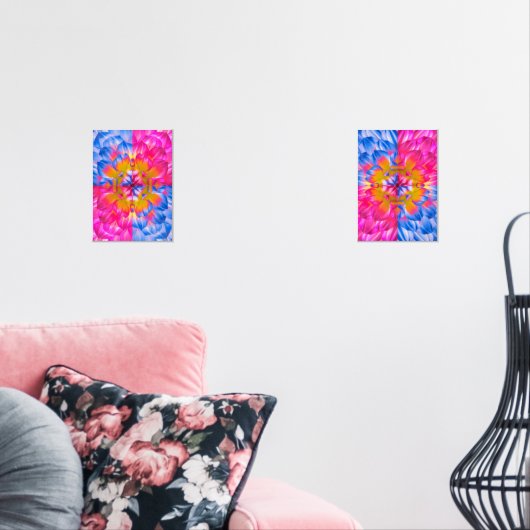 Vibrant Dahlia Bloom-Pink, Blue & Yellow Abstract Muurkunst Sets (Woonkamer)