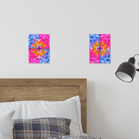Vibrant Dahlia Bloom-Pink, Blue & Yellow Abstract Muurkunst Sets (Slaapkamer)
