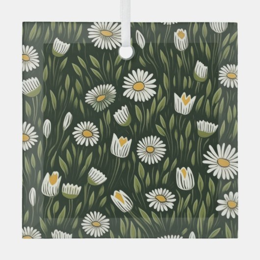 Vibrant Daisy Pattern with Lush Green Accents Glas Ornament (Voorkant)