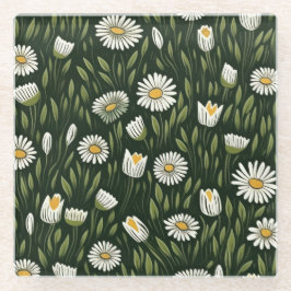 Vibrant Daisy Pattern with Lush Green Accents Glazen Onderzetter