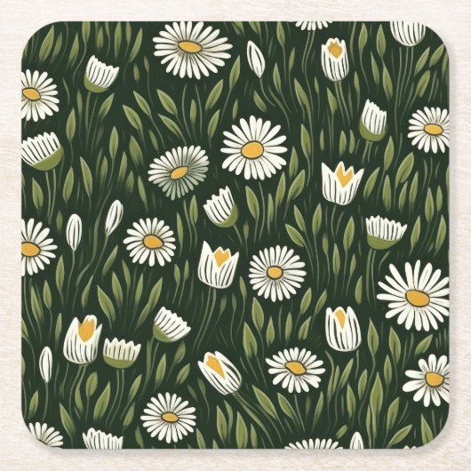 Vibrant Daisy Pattern with Lush Green Accents Kartonnen Onderzetters (Voorkant)