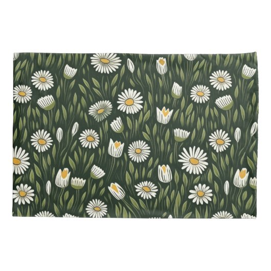 Vibrant Daisy Pattern with Lush Green Accents Kussensloop (Achterkant-Links)