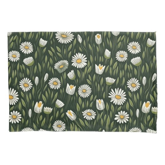 Vibrant Daisy Pattern with Lush Green Accents Kussensloop (Voorkant-Links)