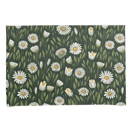 Vibrant Daisy Pattern with Lush Green Accents Kussensloop (Voorkant-Rechts)