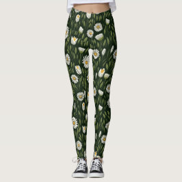 Vibrant Daisy Pattern with Lush Green Accents Leggings