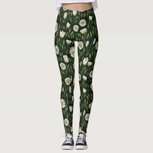 Vibrant Daisy Pattern with Lush Green Accents Leggings (Voorkant)