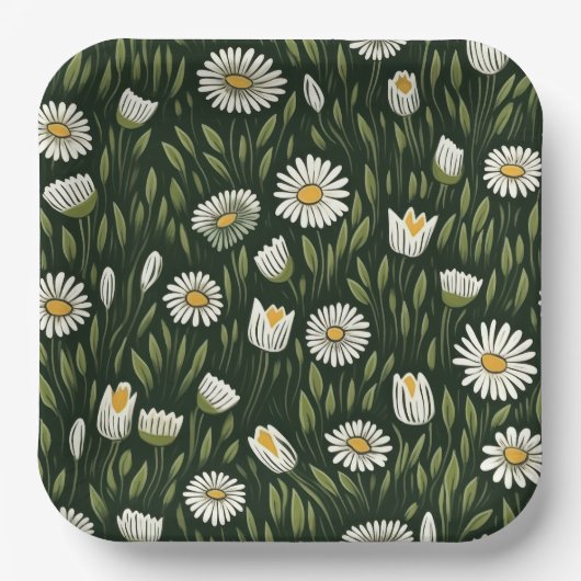 Vibrant Daisy Pattern with Lush Green Accents Papieren Bordje (Voorkant)