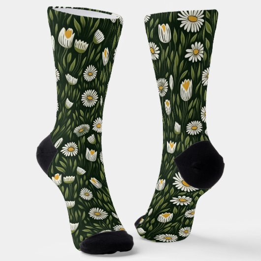 Vibrant Daisy Pattern with Lush Green Accents Sokken (Gebogen)