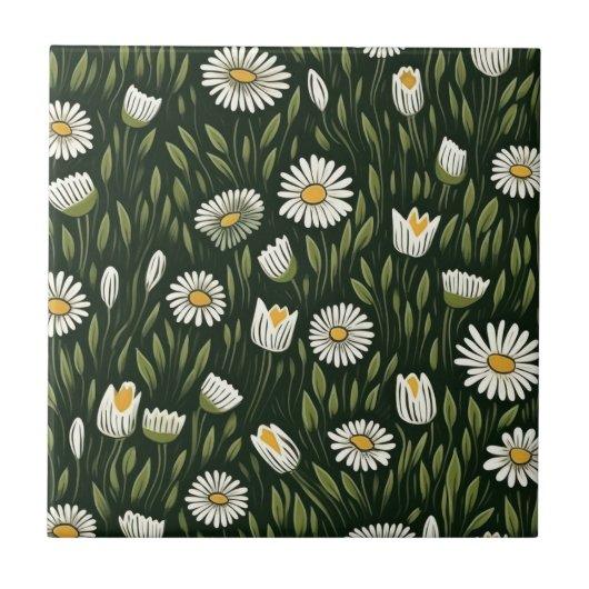 Vibrant Daisy Pattern with Lush Green Accents Tegeltje (Voorkant)