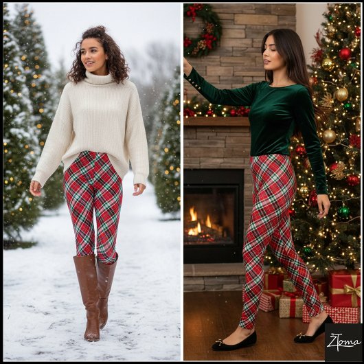 Vibrant Diagonal Christmas Plaid Red Green Leggings