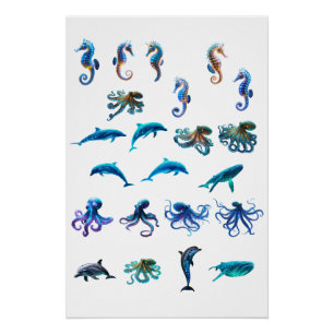 Vibrant Digital Collage of Sea Creatures in a Colo Perfect Poster
