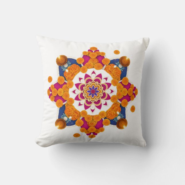 Vibrant Diwali Marigold Rangoli Pillow Cover Kussen (Voorkant)