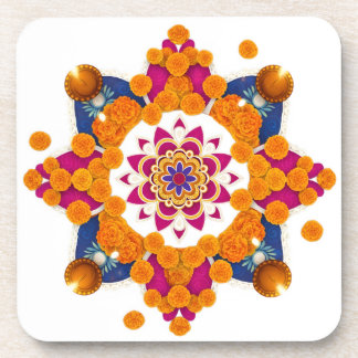 Vibrant Diwali Rangoli Hard Plastic Coaster Set Bier Onderzetter