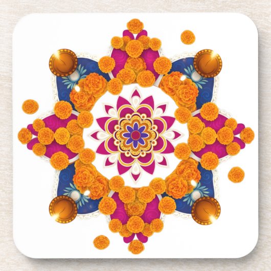 Vibrant Diwali Rangoli Hard Plastic Coaster Set Bier Onderzetter (Voorkant)