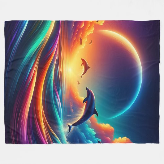 Vibrant Dolphin Fantasy - Surreal Ocean Art Fleece Deken (Voorkant (Horizontaal))