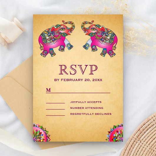 Vibrant Elephants Indian Wedding RSVP Kaartje