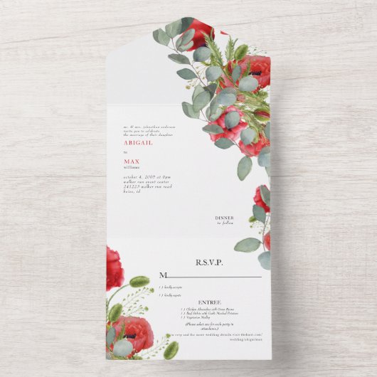 Vibrant Eucalyptus Red Floral Weddenschap All In One Uitnodiging (Binnen)