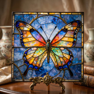 Vibrant Faux Stained Glass Butterfly Mosaic Art Tegeltje